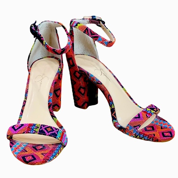 Jessica Simpson shoes 3.5” block heels Aztec textile upper. Size 8.5 M